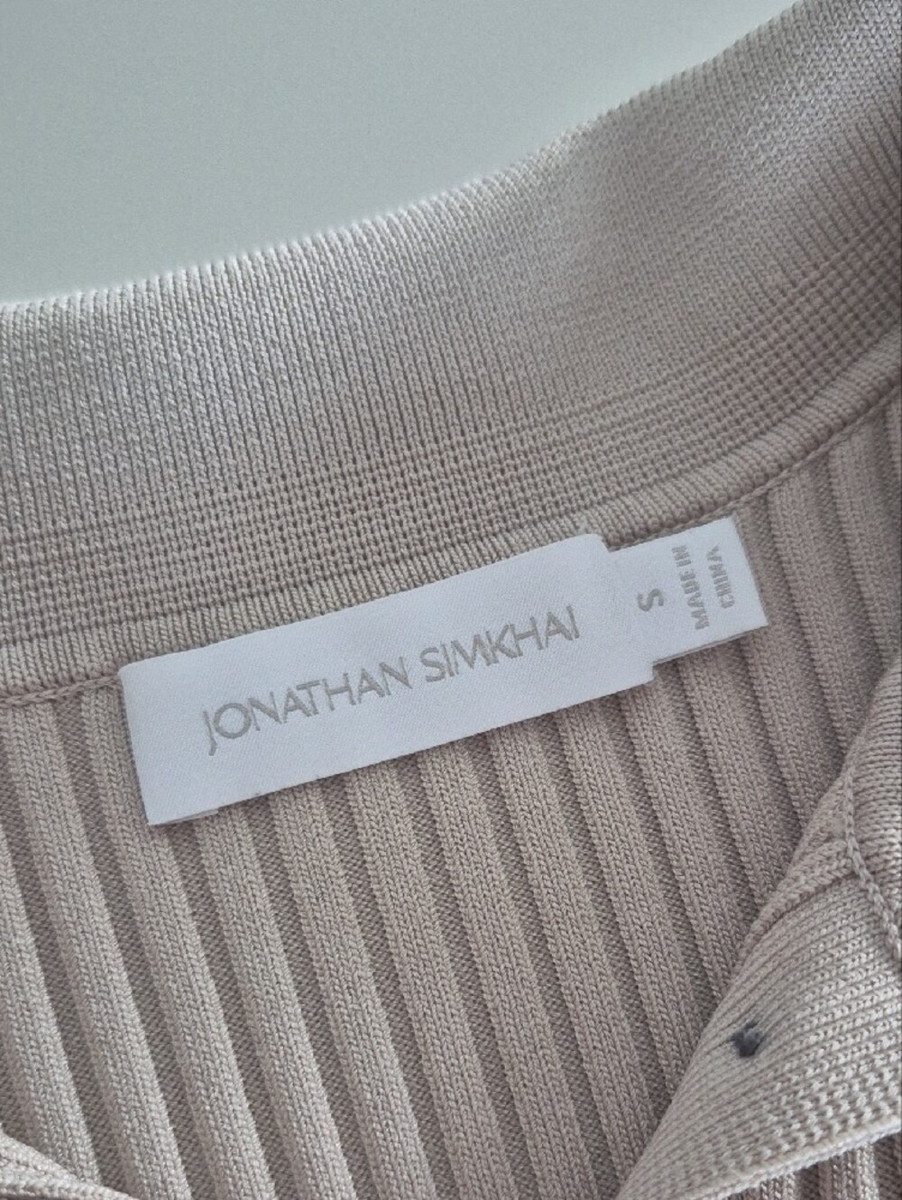 Simkhai Ribbed Collared Button-Front Beige Crop Sweater, Small - Picture 8 of 16
